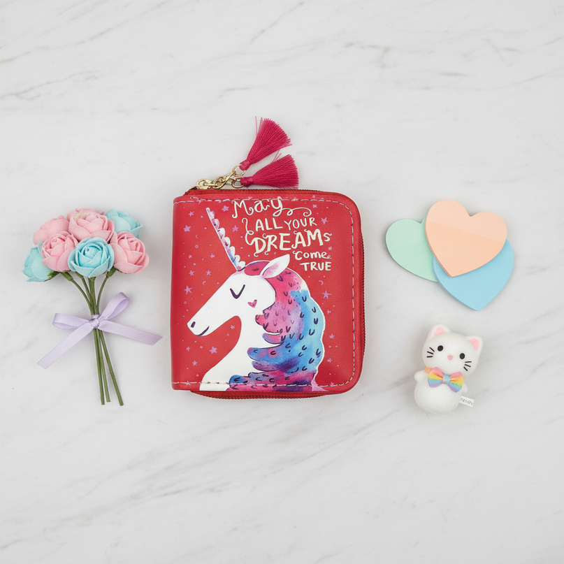 red unicorn wallet - flat-lay