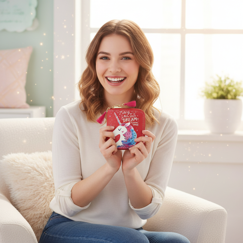 red unicorn wallet - in-use