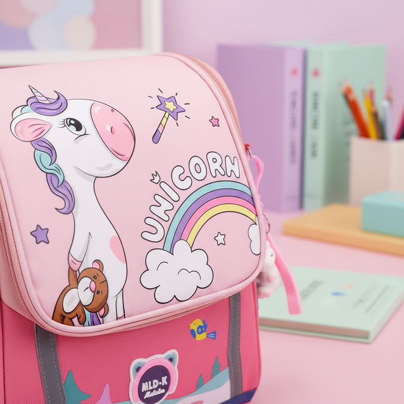 red unicorn waterproof school backpack - detail