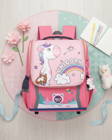 red unicorn waterproof school backpack - flat-lay