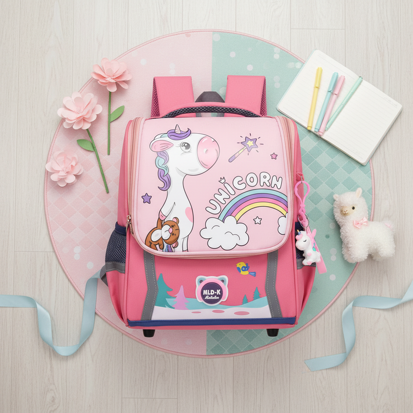 red unicorn waterproof school backpack - flat-lay