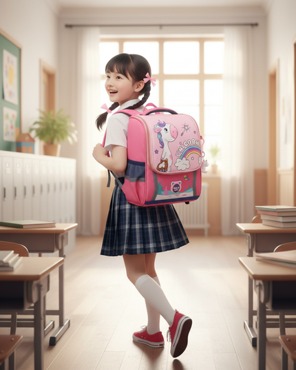 red unicorn waterproof school backpack - in-use