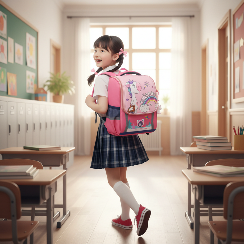 red unicorn waterproof school backpack - in-use