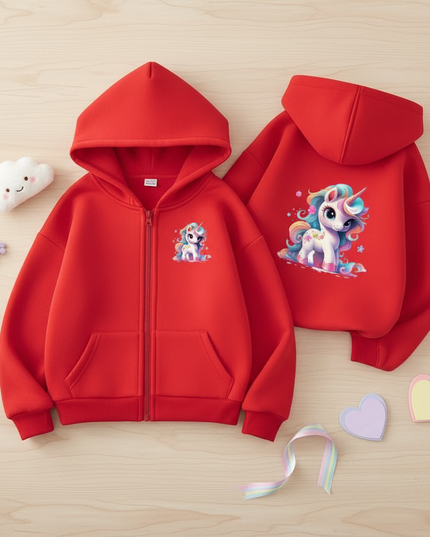 red unicorn zip hoodie - flat-lay