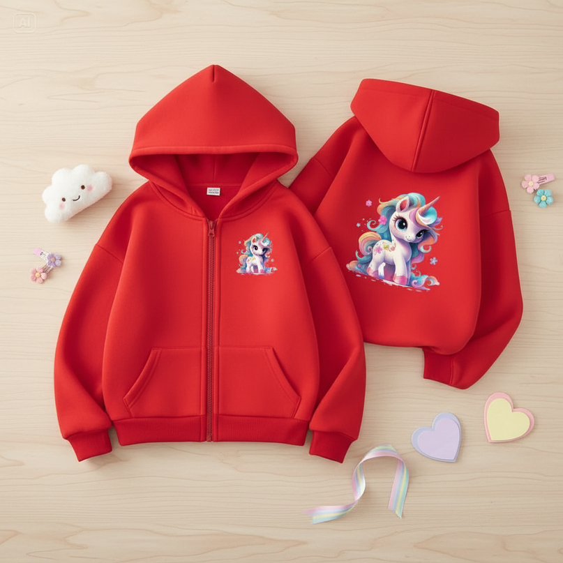 red unicorn zip hoodie - flat-lay