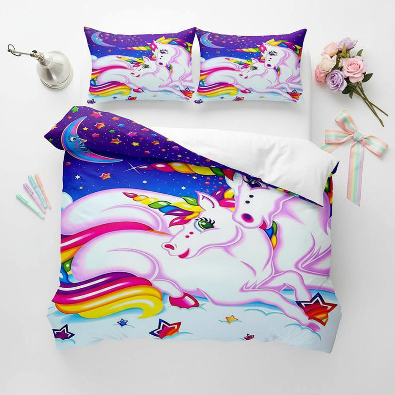 retro neon galaxy unicorn bedding - flat-lay