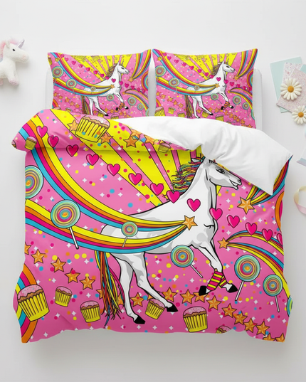 retro unicorn bedding - flat-lay