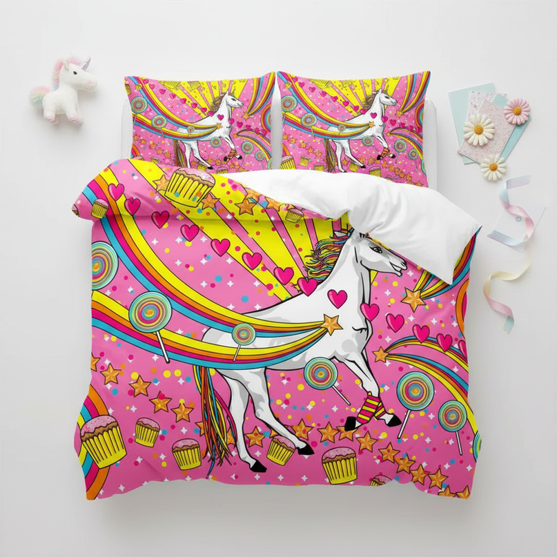 retro unicorn bedding - flat-lay