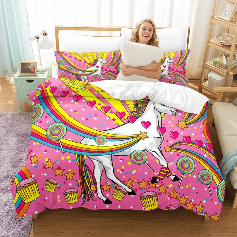 retro unicorn bedding - in-use