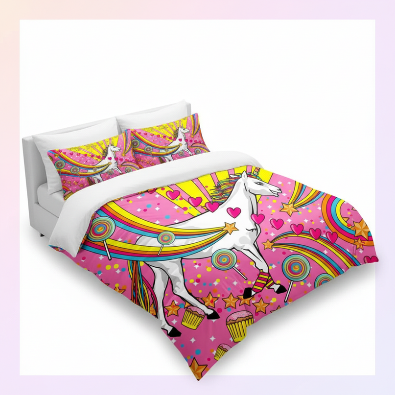 retro unicorn bedding - white-bg