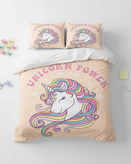 retro unicorn power bedding - flat-lay