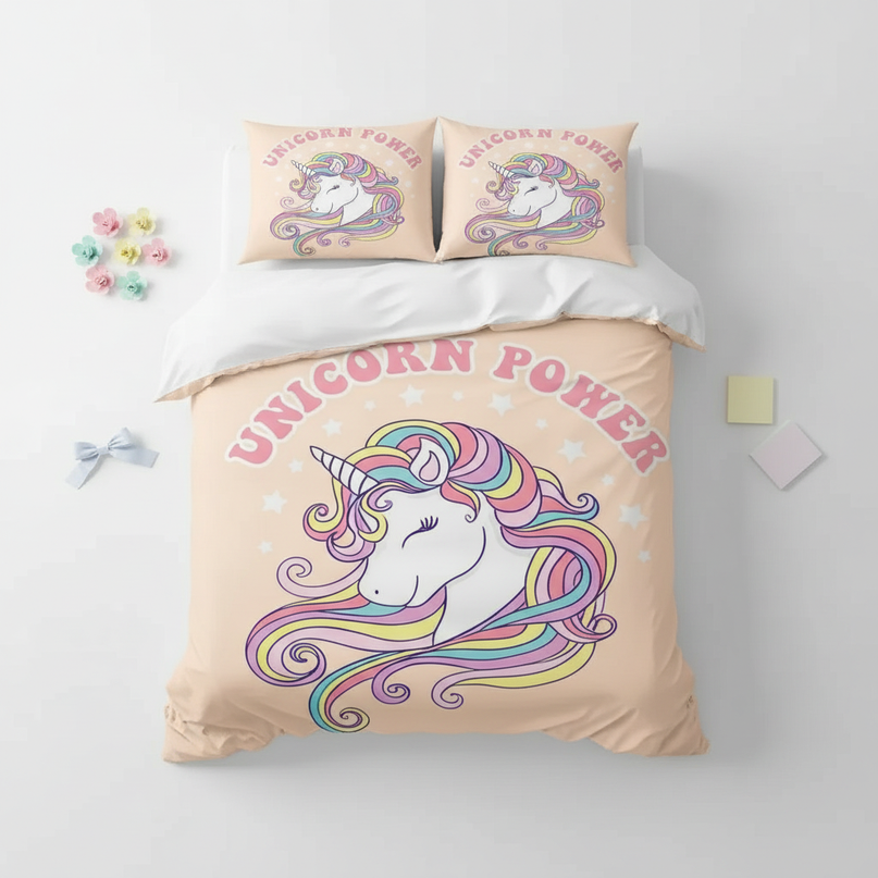 retro unicorn power bedding - flat-lay