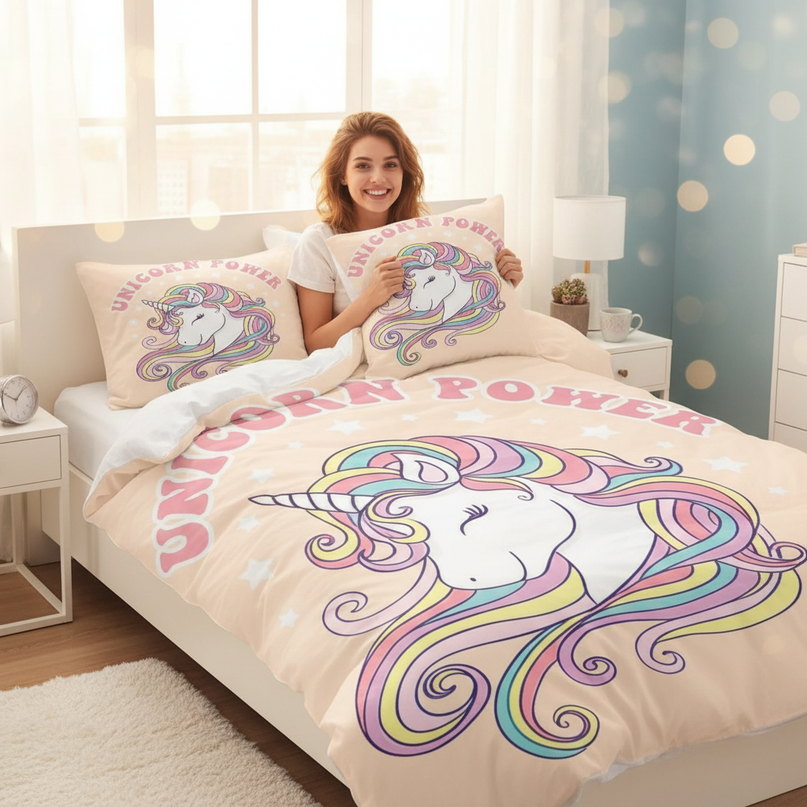 retro unicorn power bedding - in-use