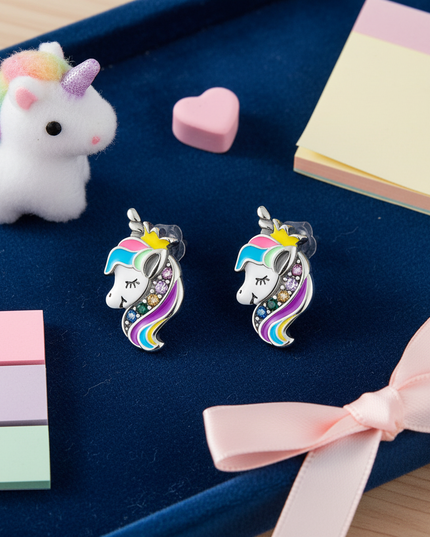 rhinestone unicorn earrings - flat-lay