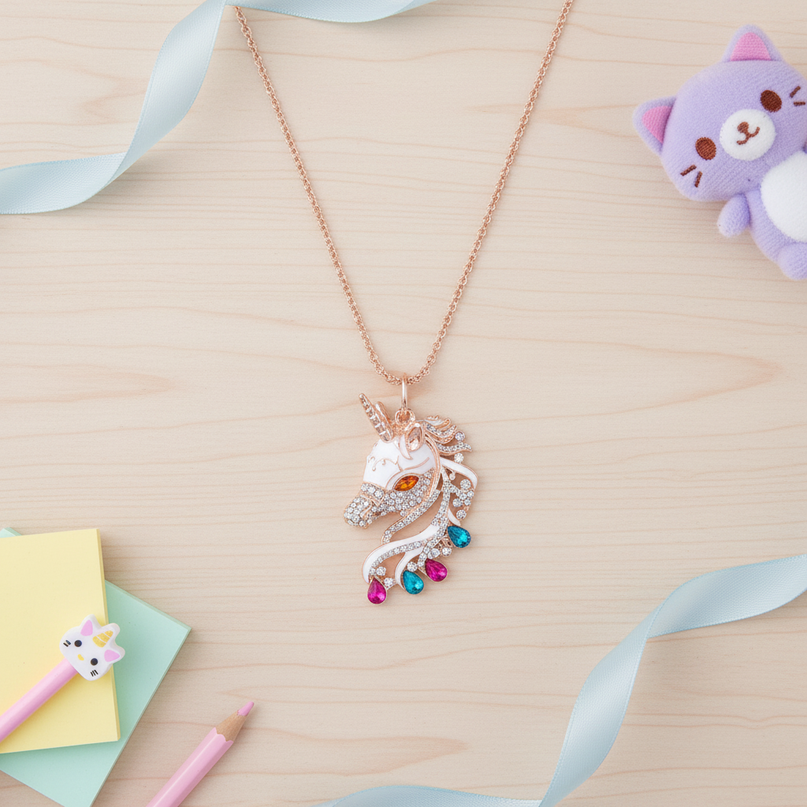 rhinestone unicorn necklace - flat-lay