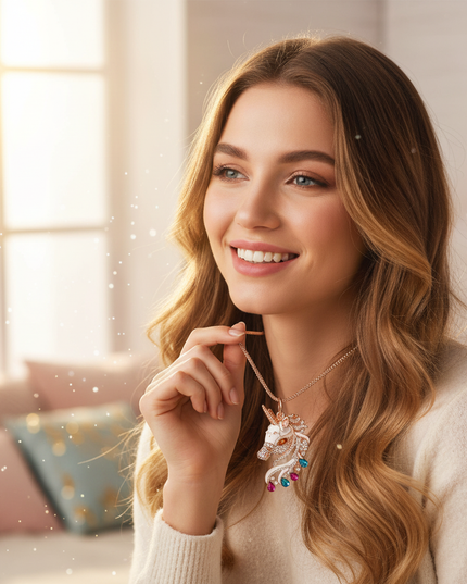 rhinestone unicorn necklace - in-use