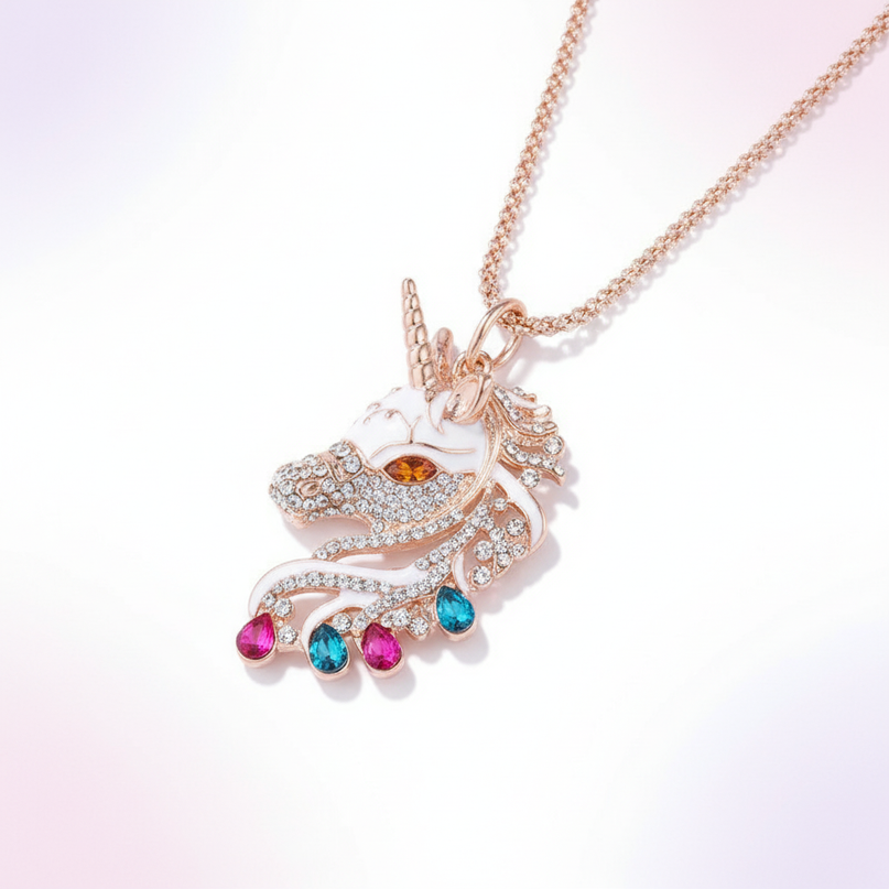 rhinestone unicorn necklace - white-bg