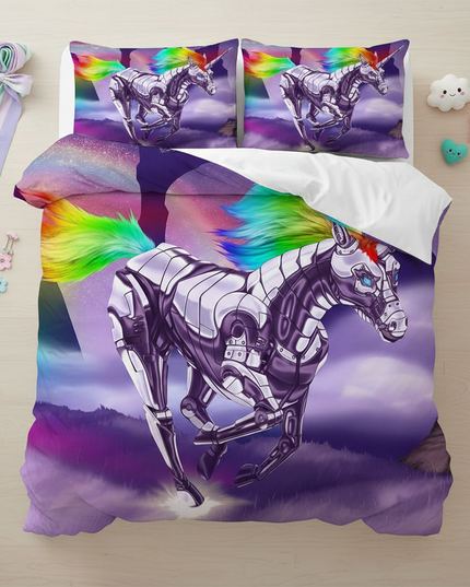 robot unicorn bedding - flat-lay