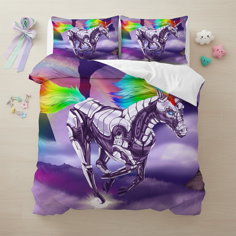 robot unicorn bedding - flat-lay