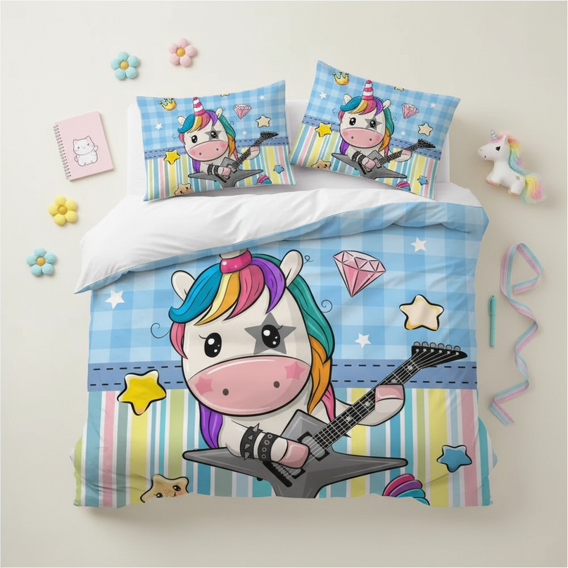 rock guitar unicorn bedding - flat-lay