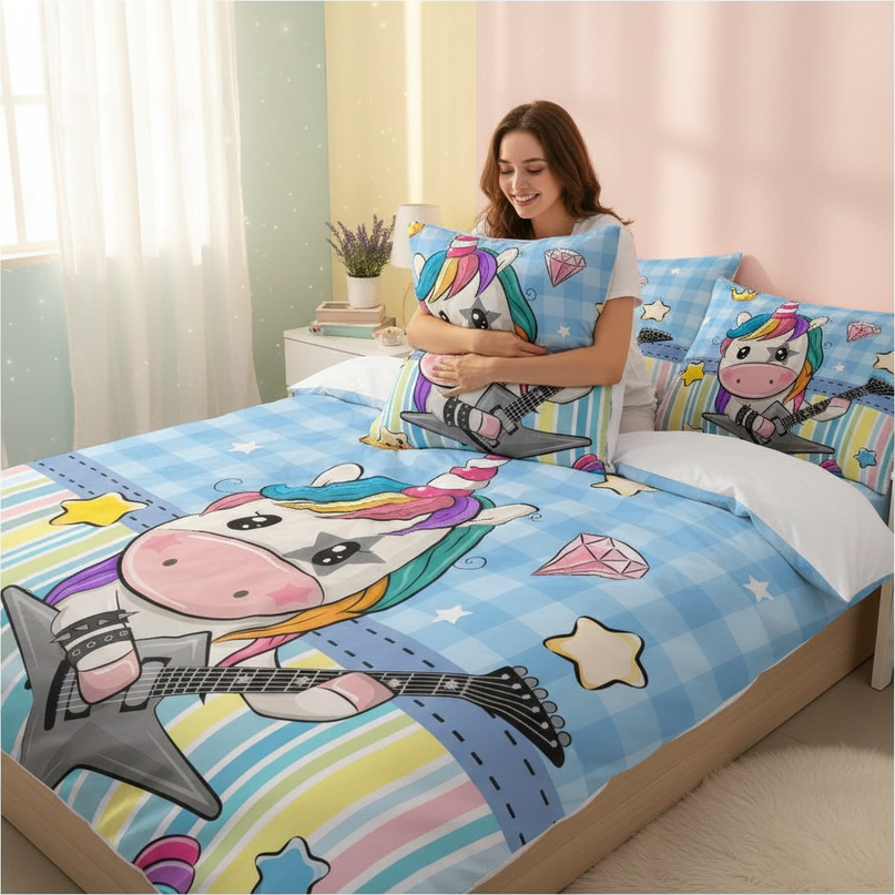 rock guitar unicorn bedding - in-use