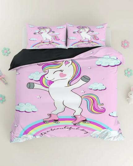 roller skating unicorn bedding - flat-lay
