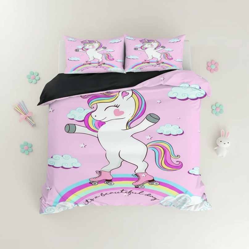 roller skating unicorn bedding - flat-lay