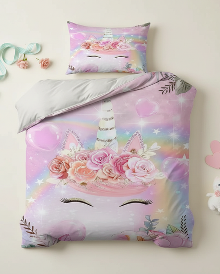 rose gold unicorn bedding - flat-lay