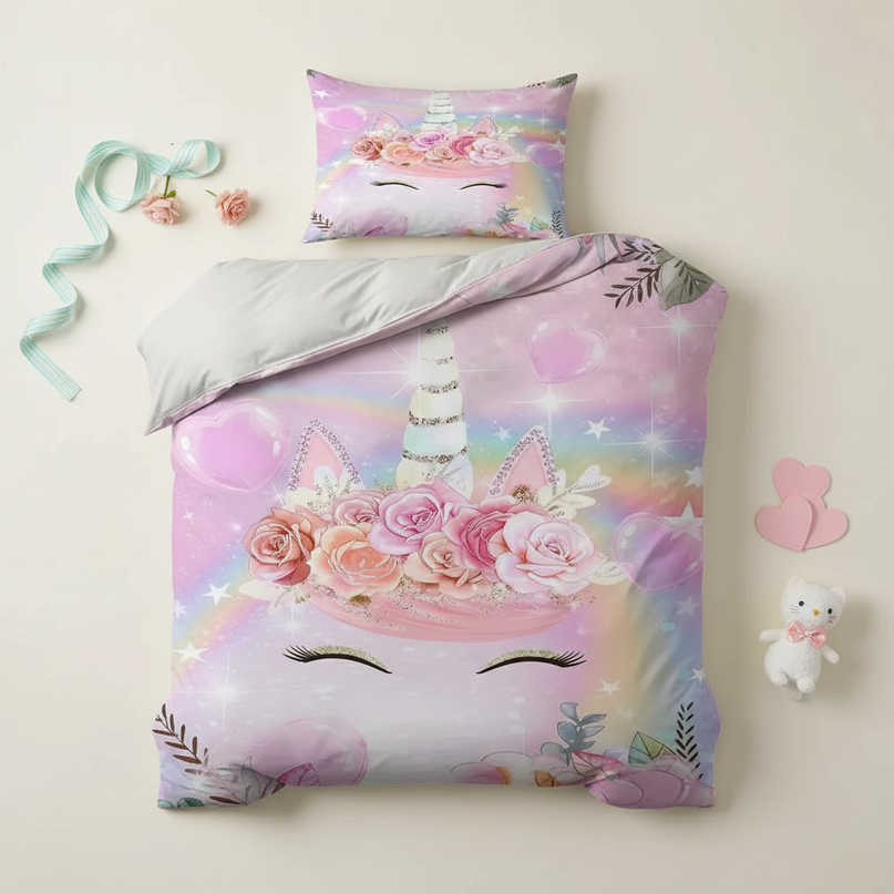 rose gold unicorn bedding - flat-lay