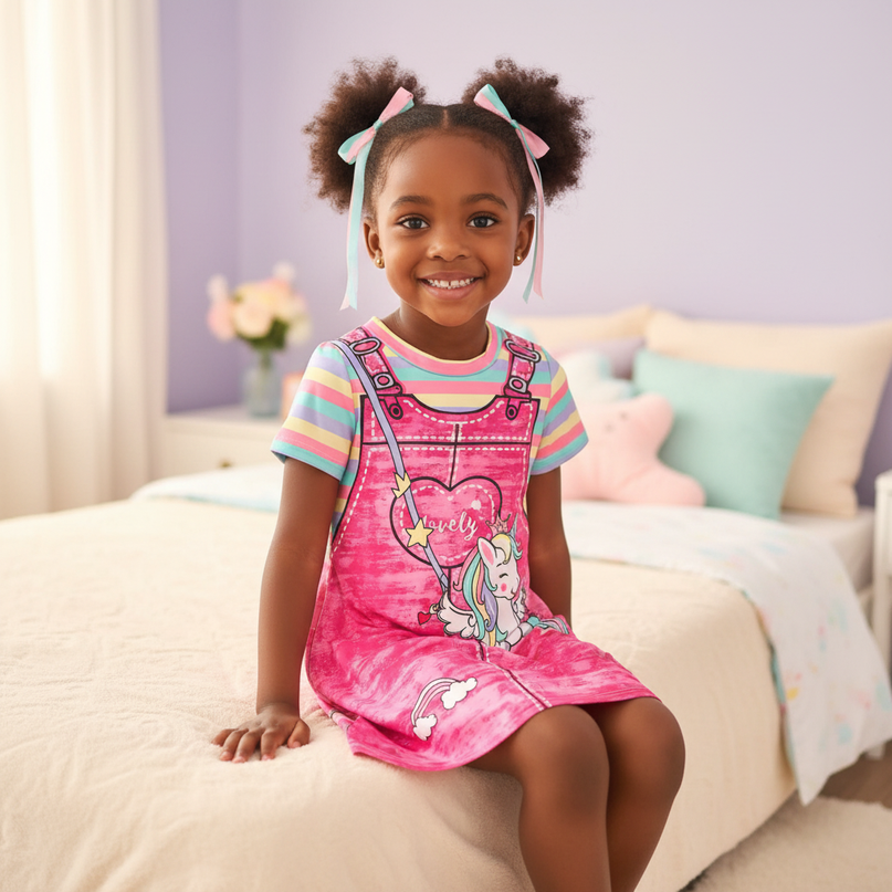 rose red unicorn dress girls - sitting