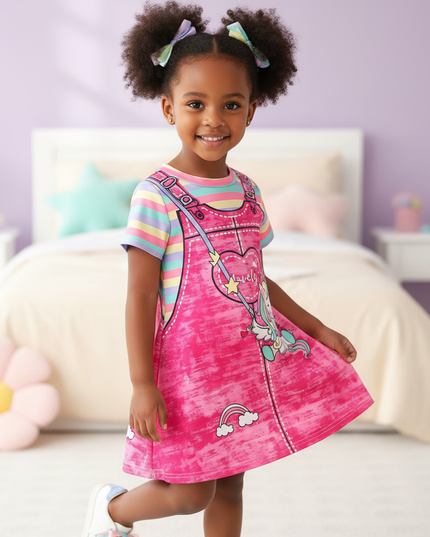 rose red unicorn dress girls - three-quarter