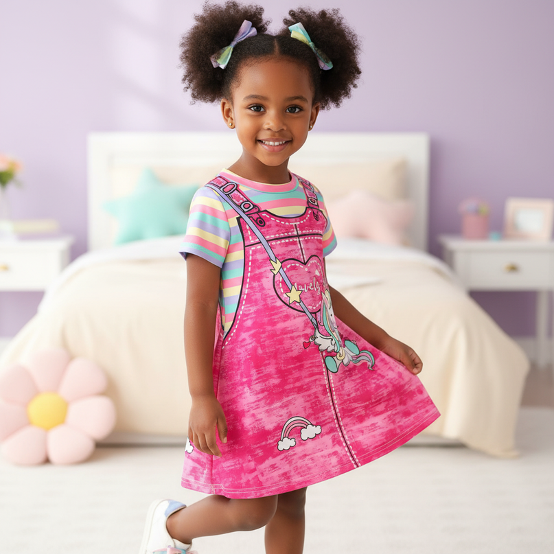rose red unicorn dress girls - three-quarter