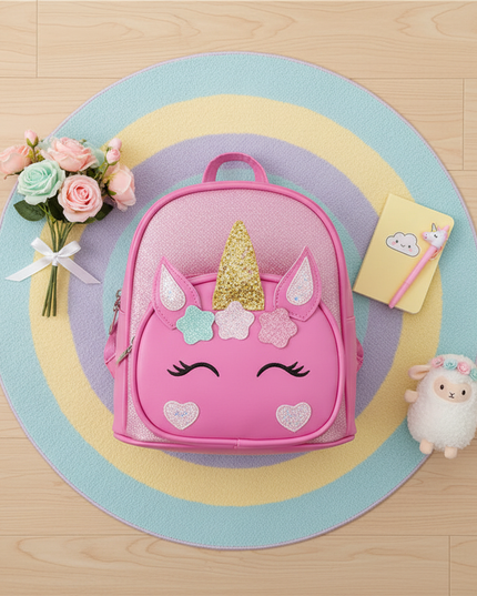 rose unicorn backpack with name - flat-lay