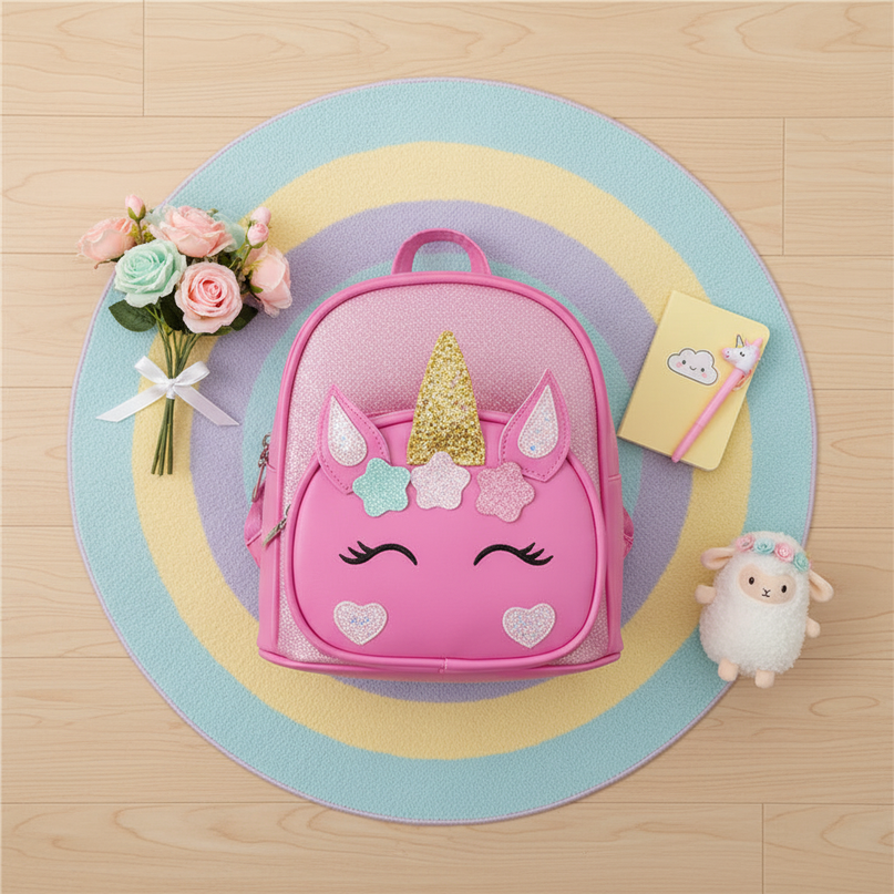 rose unicorn backpack with name - flat-lay