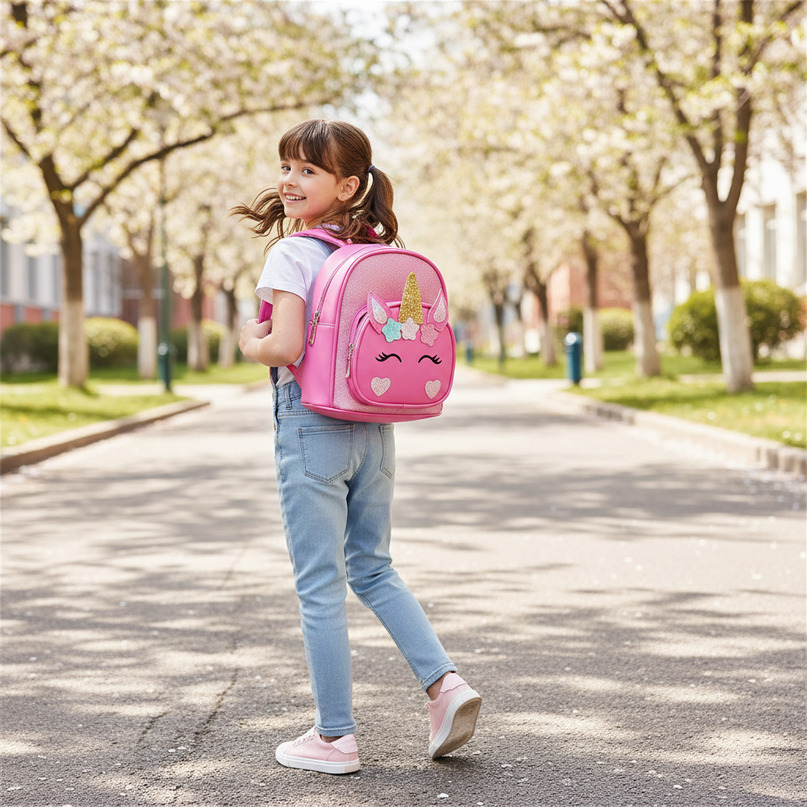 rose unicorn backpack with name - in-use