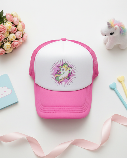 rose unicorn cap - flat-lay