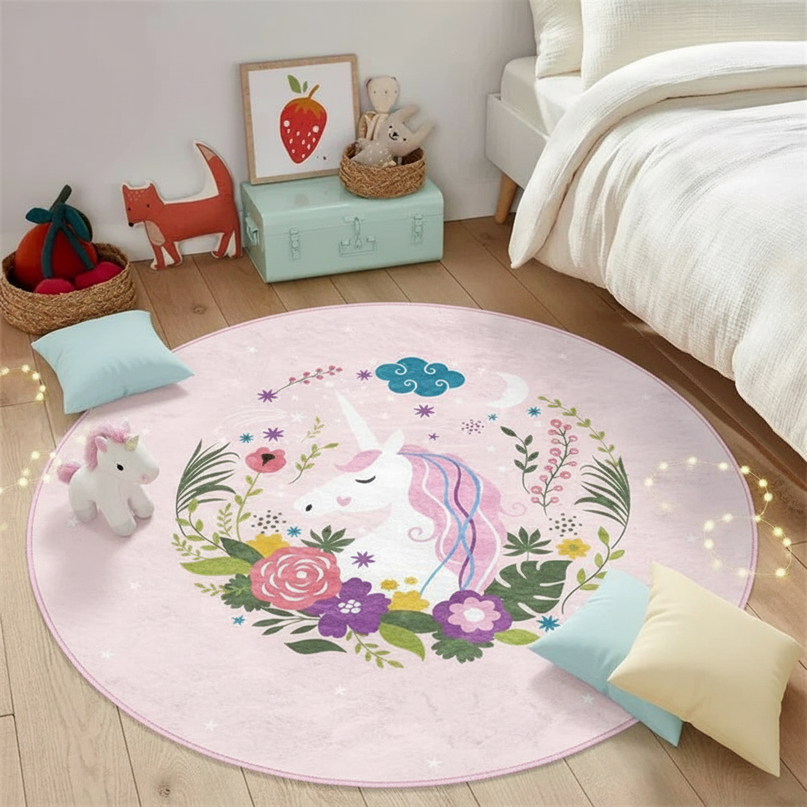 round unicorn rug - flat-lay