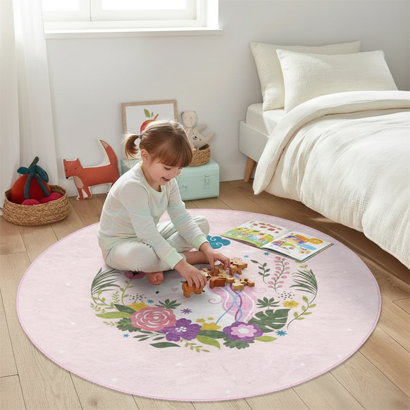round unicorn rug - in-use