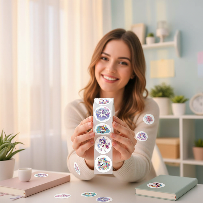 round unicorn stickers - in-use
