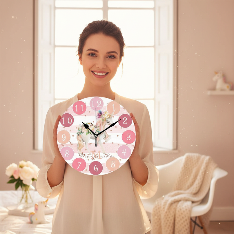 round unicorn wall clock - in-use
