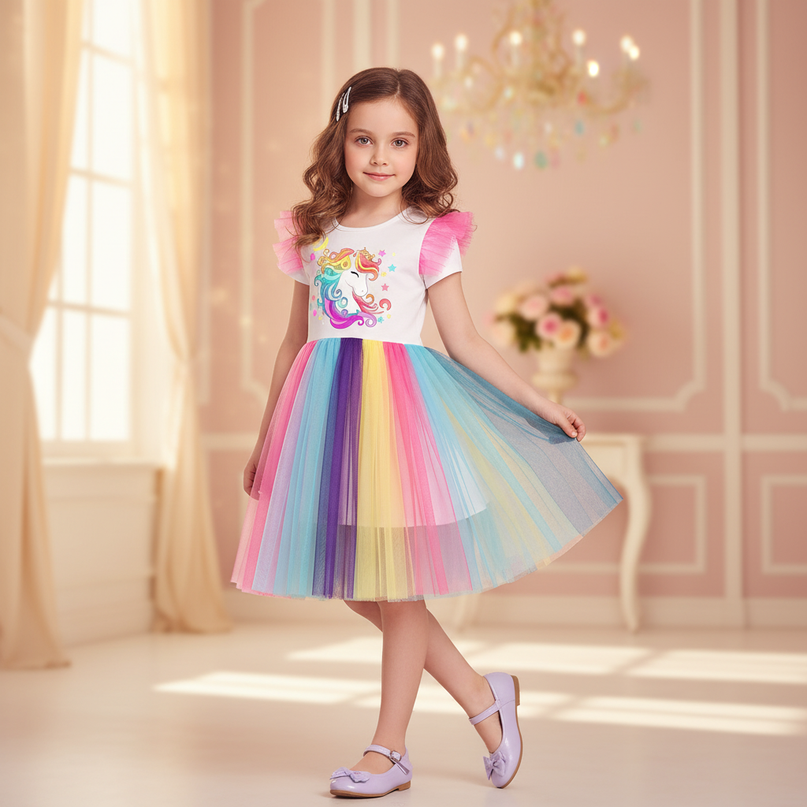 ruffle unicorn dress girls - front