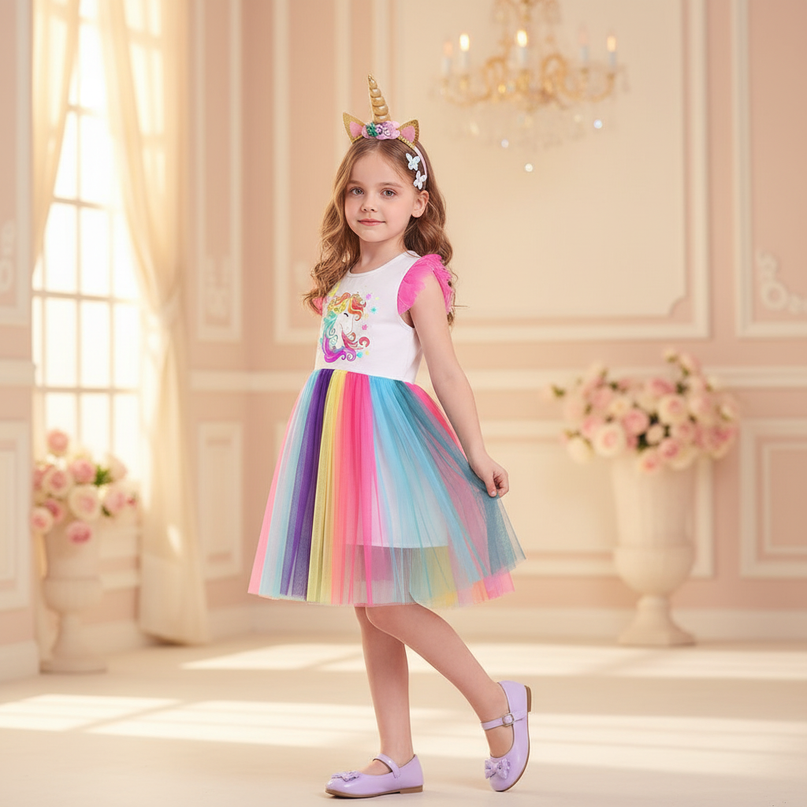 ruffle unicorn dress girls - three-quarter