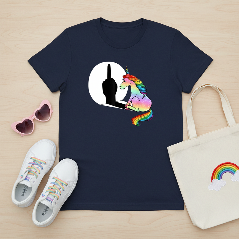 rust unicorn shirt - flat-lay