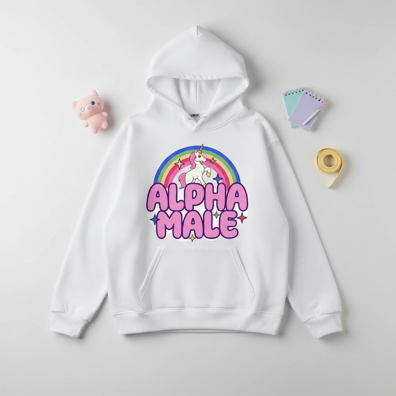 sarcastic alpha male unicorn hoodie - flat-lay