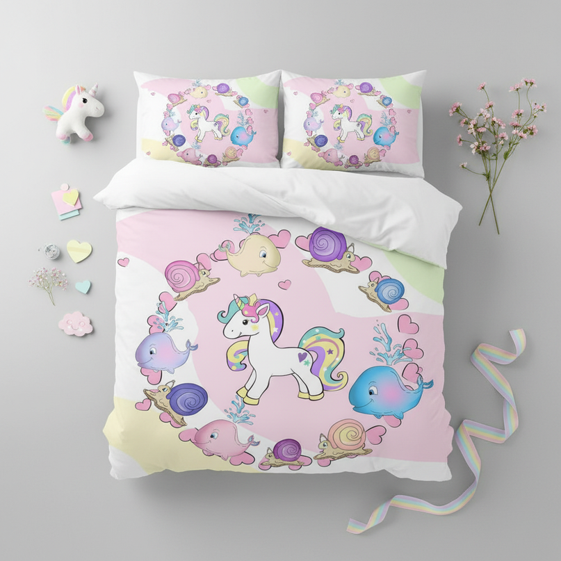 sea friends unicorn bedding - flat-lay