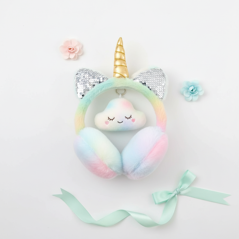 sequin unicorn earmuffs - flat-lay