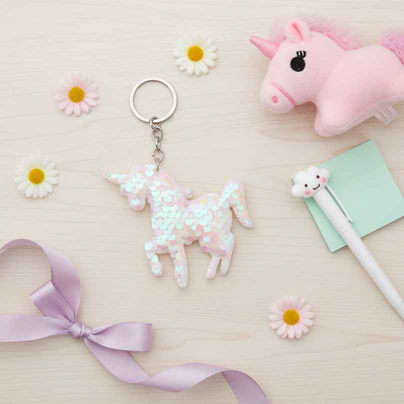 sequin unicorn keychain - flat-lay