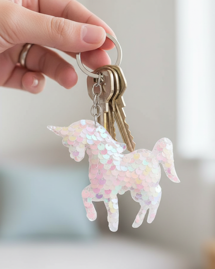 sequin unicorn keychain - in-use