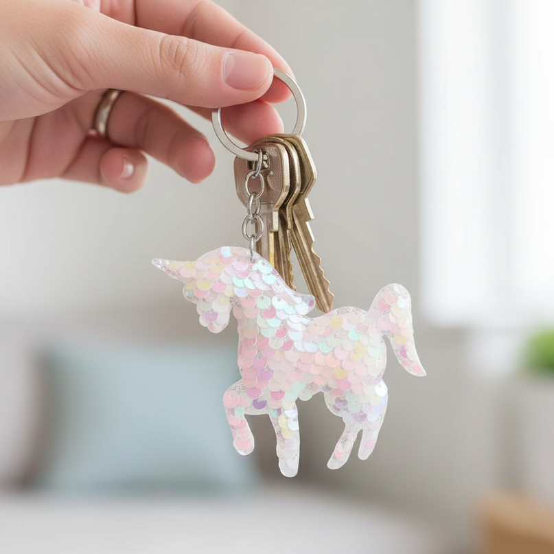 sequin unicorn keychain - in-use