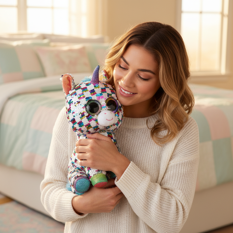 sequin unicorn stuffed animal - in-use